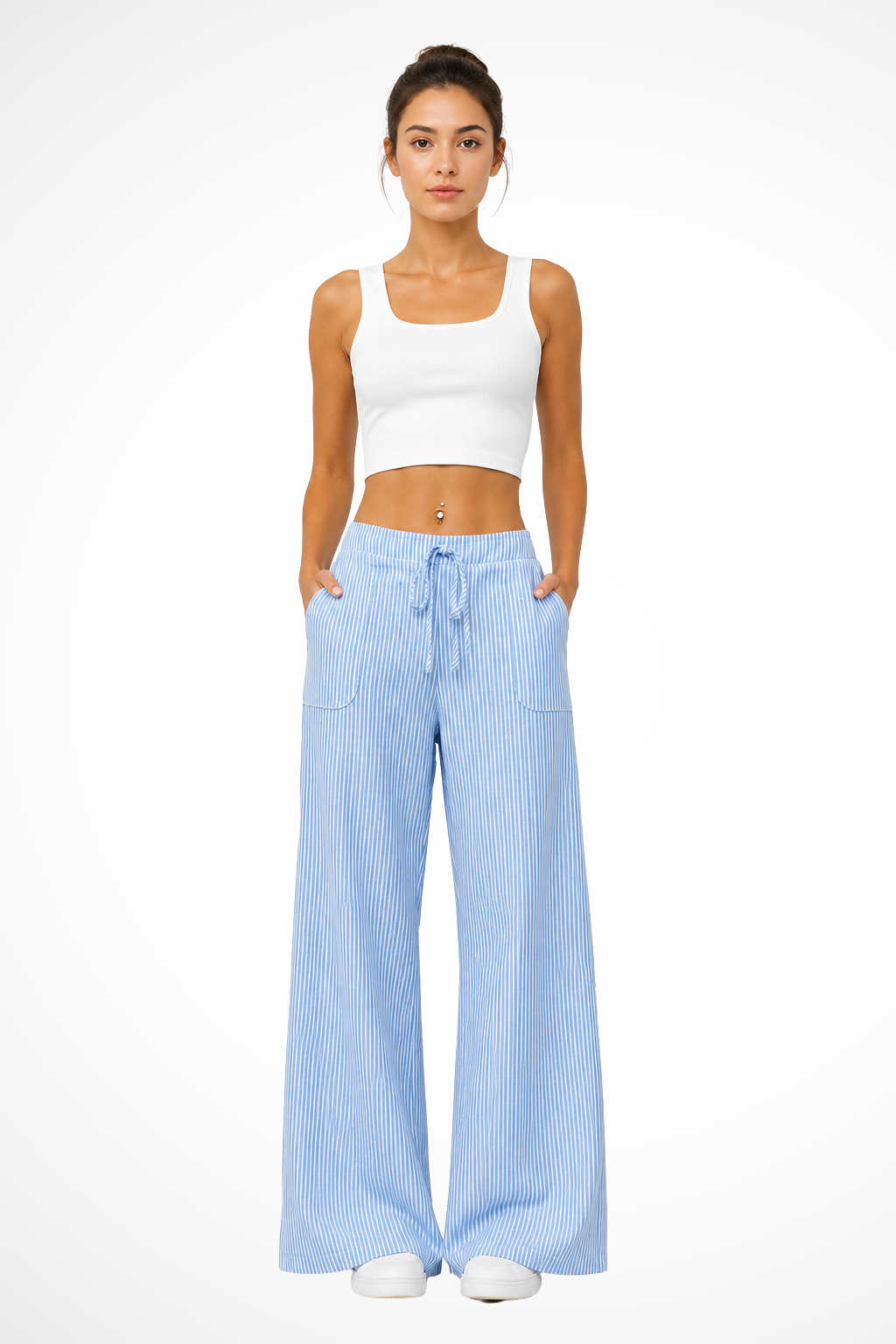 Women's Striped Wide Leg Trousers with Drawstring Waist