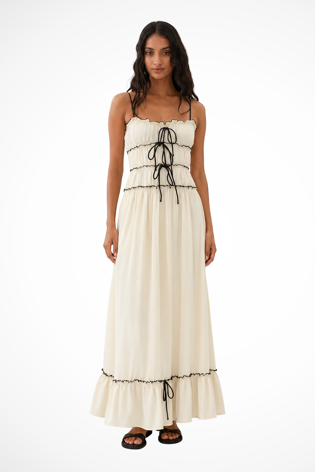 Women's Strappy Ruffle Tie Front Tiered Wedding Guest Maxi Dress