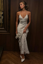Women Satin Lace Detail Wedding Guest Maxi Dress