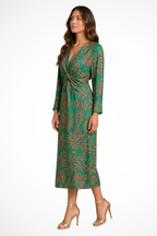 Women's Long Sleeve V Neck Printed Wrap Wedding Guest Midi Dress