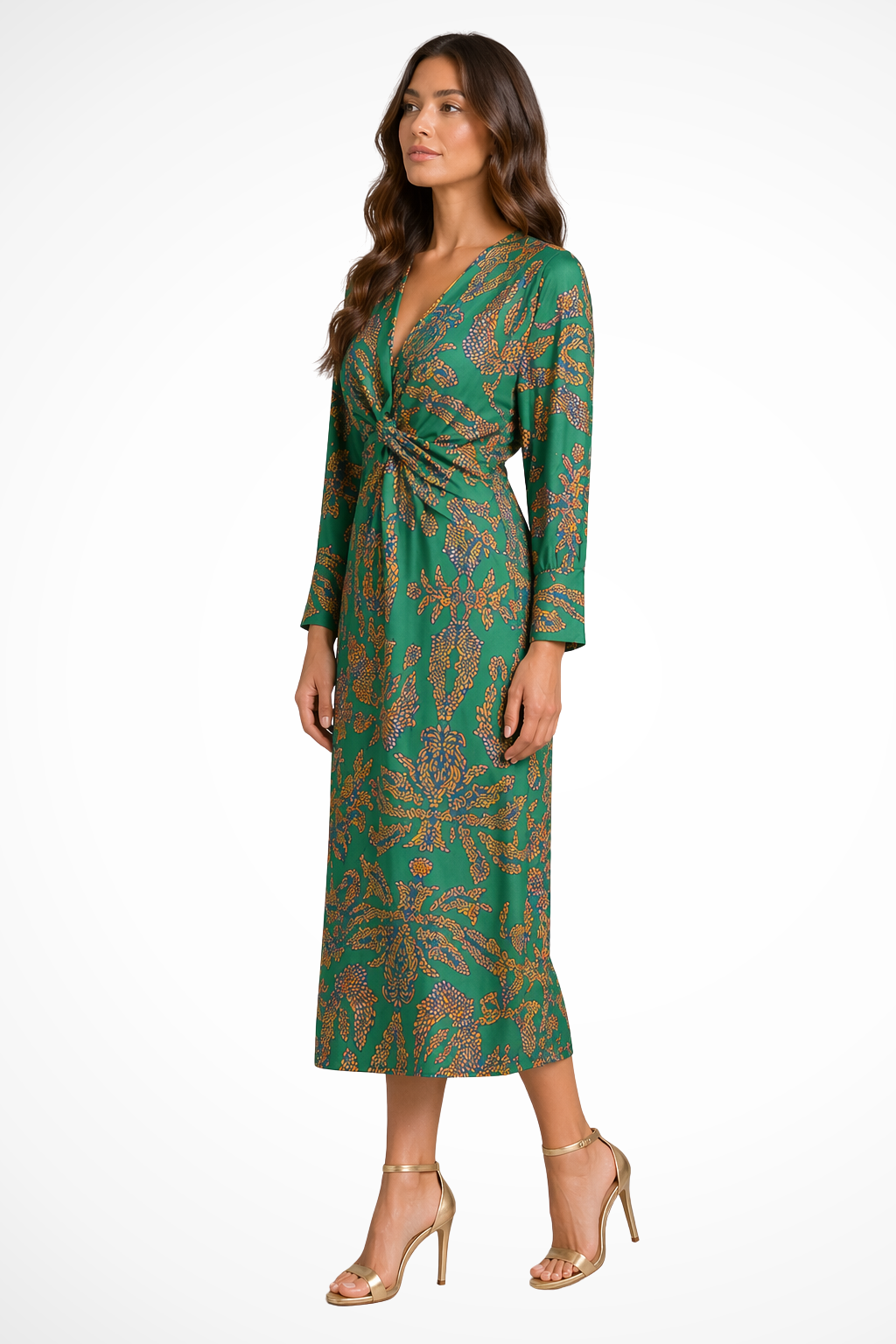Women's Long Sleeve V Neck Printed Wrap Wedding Guest Midi Dress