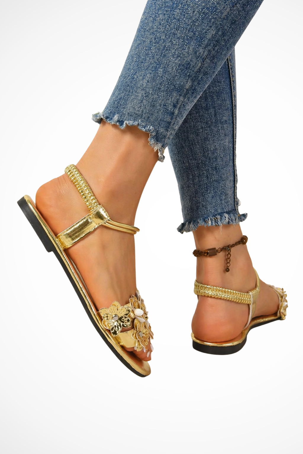 Women's Floral Embellished Flat Ankle Strap Gold Sandals