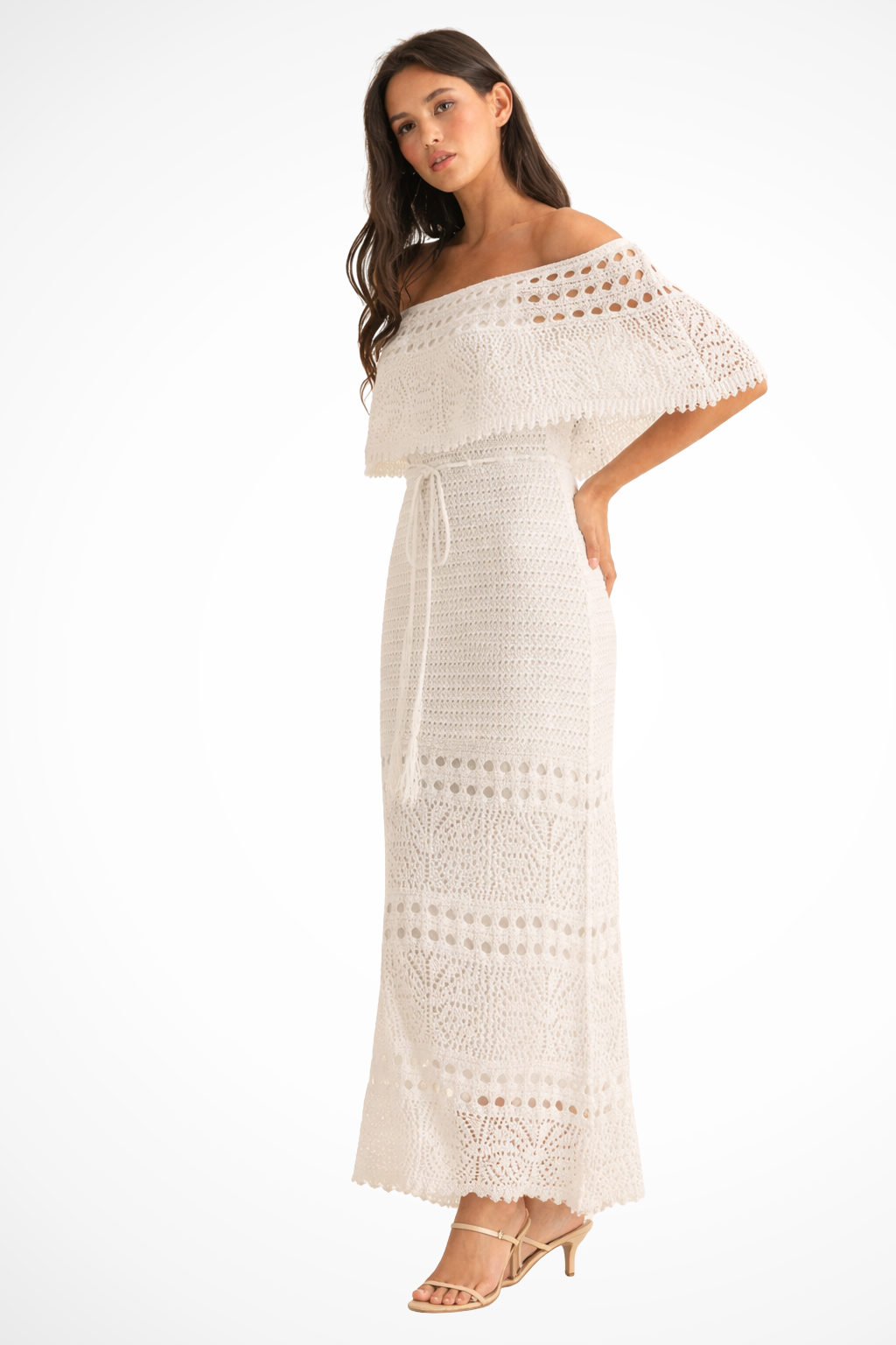 Women's Crochet Off Shoulder Tie Waist Maxi Dress