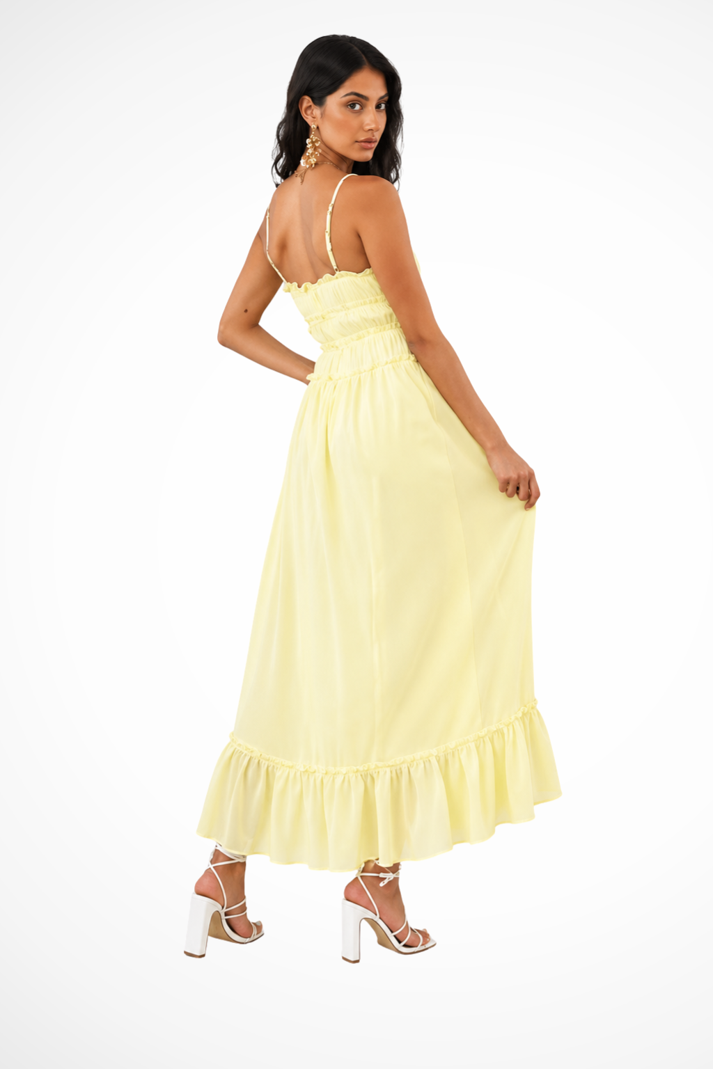 Women's Strappy Ruffle Tie Front Tiered Wedding Guest Maxi Dress