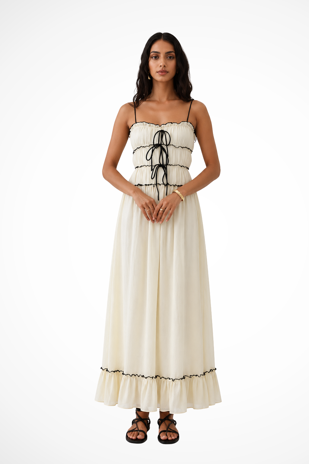 Women's Strappy Ruffle Tie Front Tiered Wedding Guest Maxi Dress