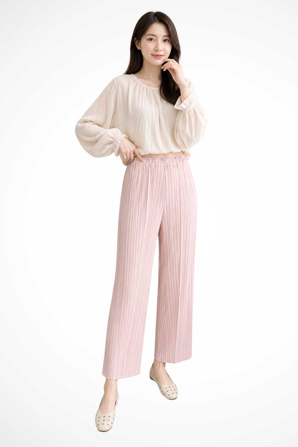 Isolde | Women Pleated Cropped Wide Leg Trousers with Elasticated Waist