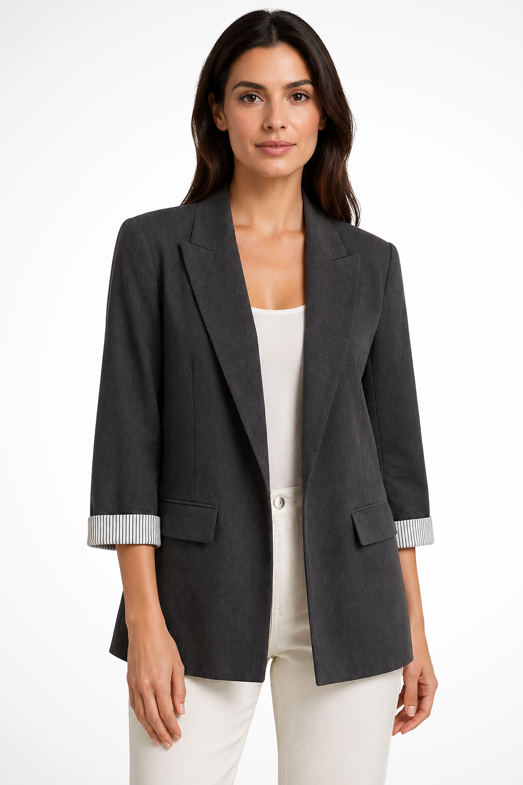 Women's Oversized Lapel Blazer with Striped Cuff Detail