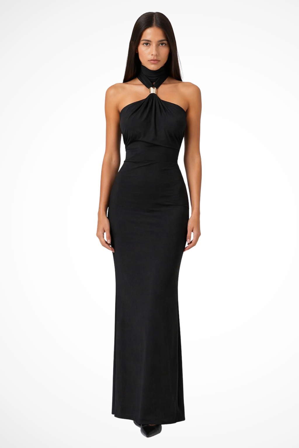 Women's Halter Neck Gold Ring Detail Fitted Maxi Dress