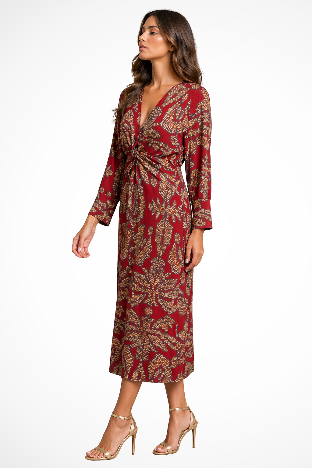 Women's Long Sleeve V Neck Printed Wrap Wedding Guest Midi Dress