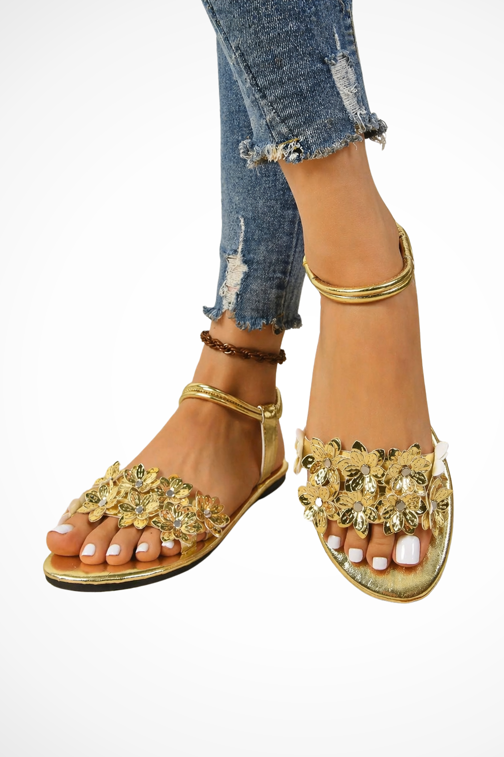 Women's Floral Embellished Flat Ankle Strap Gold Sandals
