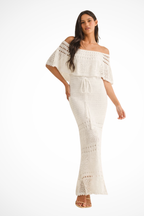 Women's Crochet Off Shoulder Tie Waist Maxi Dress
