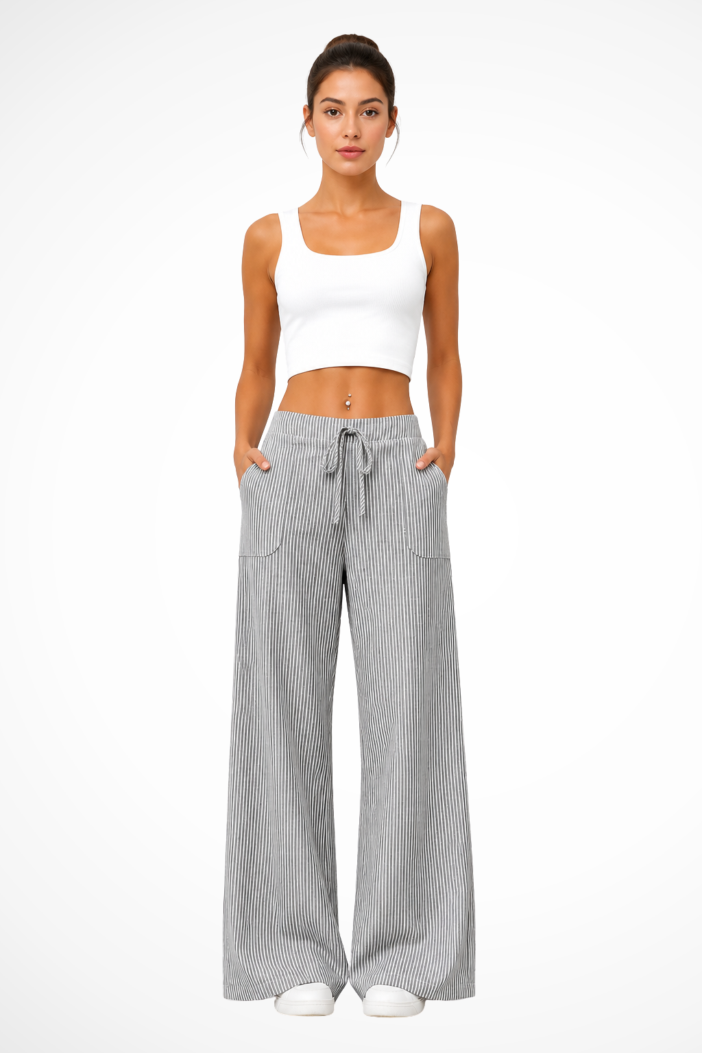 Women's Striped Wide Leg Trousers with Drawstring Waist