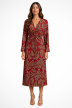 Women's Long Sleeve V Neck Printed Wrap Wedding Guest Midi Dress