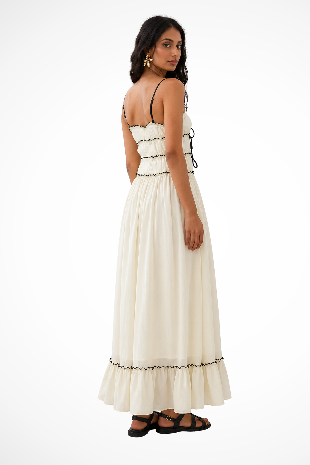 Women's Strappy Ruffle Tie Front Tiered Wedding Guest Maxi Dress