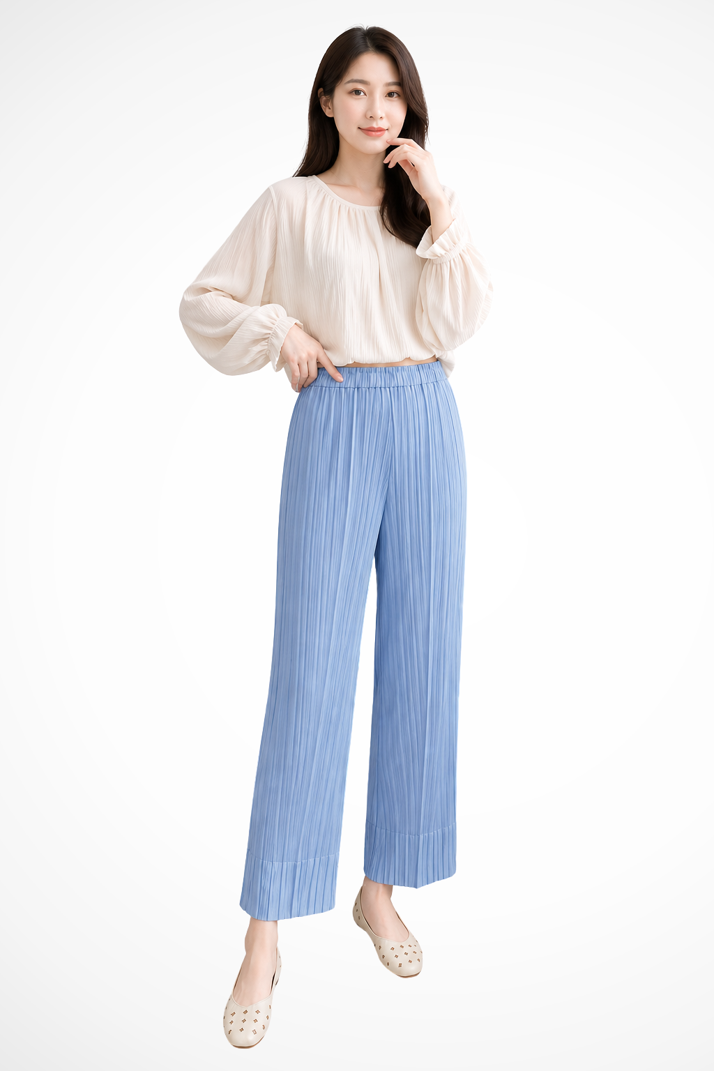 Isolde | Women Pleated Cropped Wide Leg Trousers with Elasticated Waist