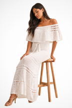 Women's Crochet Off Shoulder Tie Waist Maxi Dress