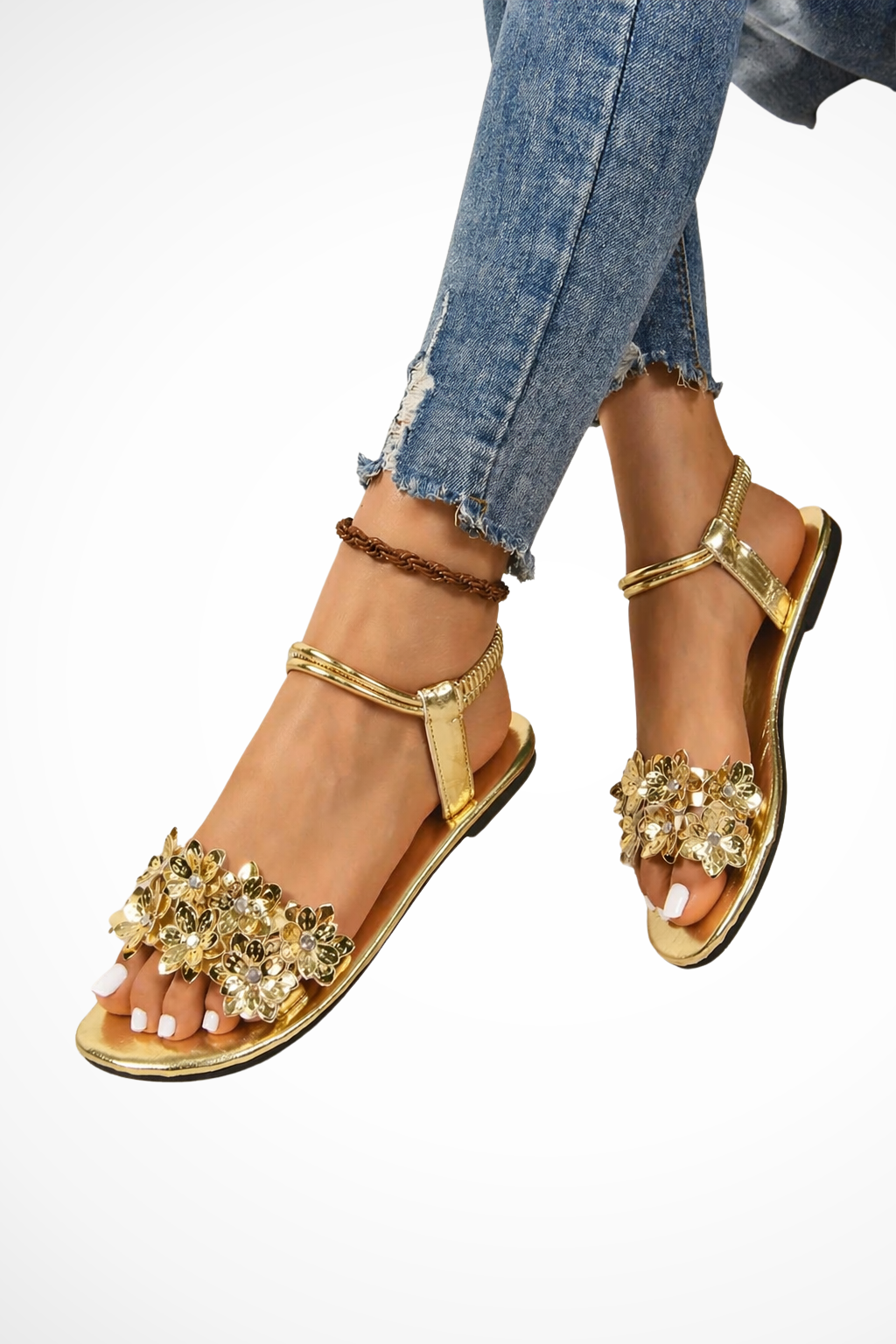 Women's Floral Embellished Flat Ankle Strap Gold Sandals
