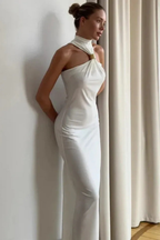 Women's Halter Neck Gold Ring Detail Fitted Maxi Dress