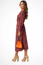 Women's Long Sleeve V Neck Printed Wrap Wedding Guest Midi Dress