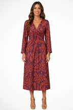 Women's Long Sleeve V Neck Printed Wrap Wedding Guest Midi Dress