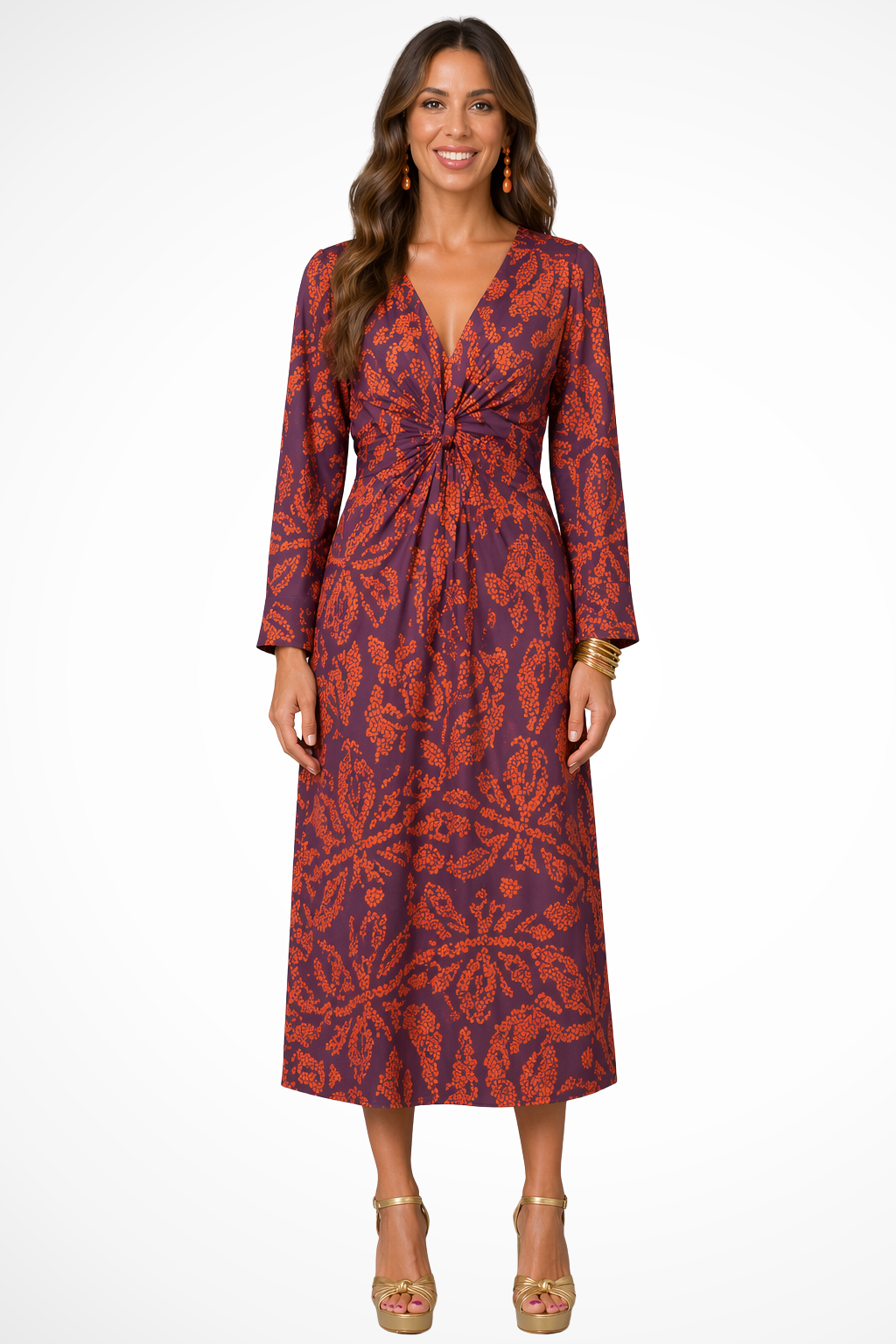 Women's Long Sleeve V Neck Printed Wrap Wedding Guest Midi Dress
