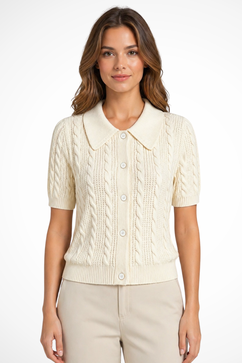 Women's Short Sleeve Collared Button Front Cable Knit Summer Cardigan