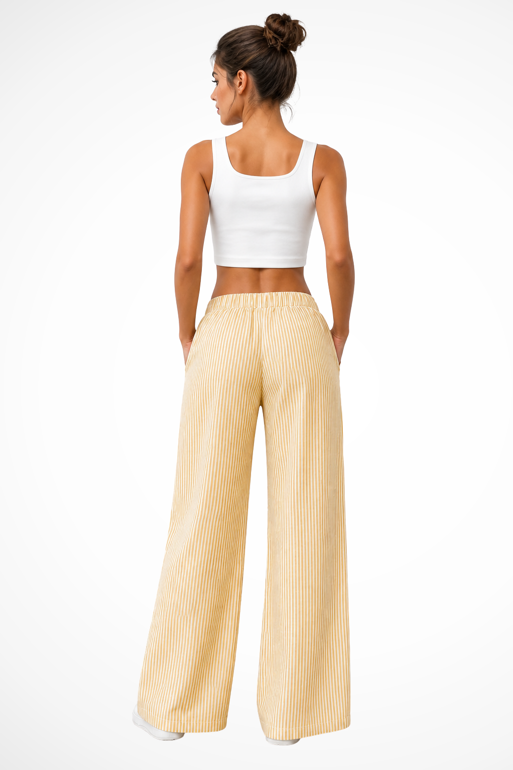 Women's Striped Wide Leg Trousers with Drawstring Waist