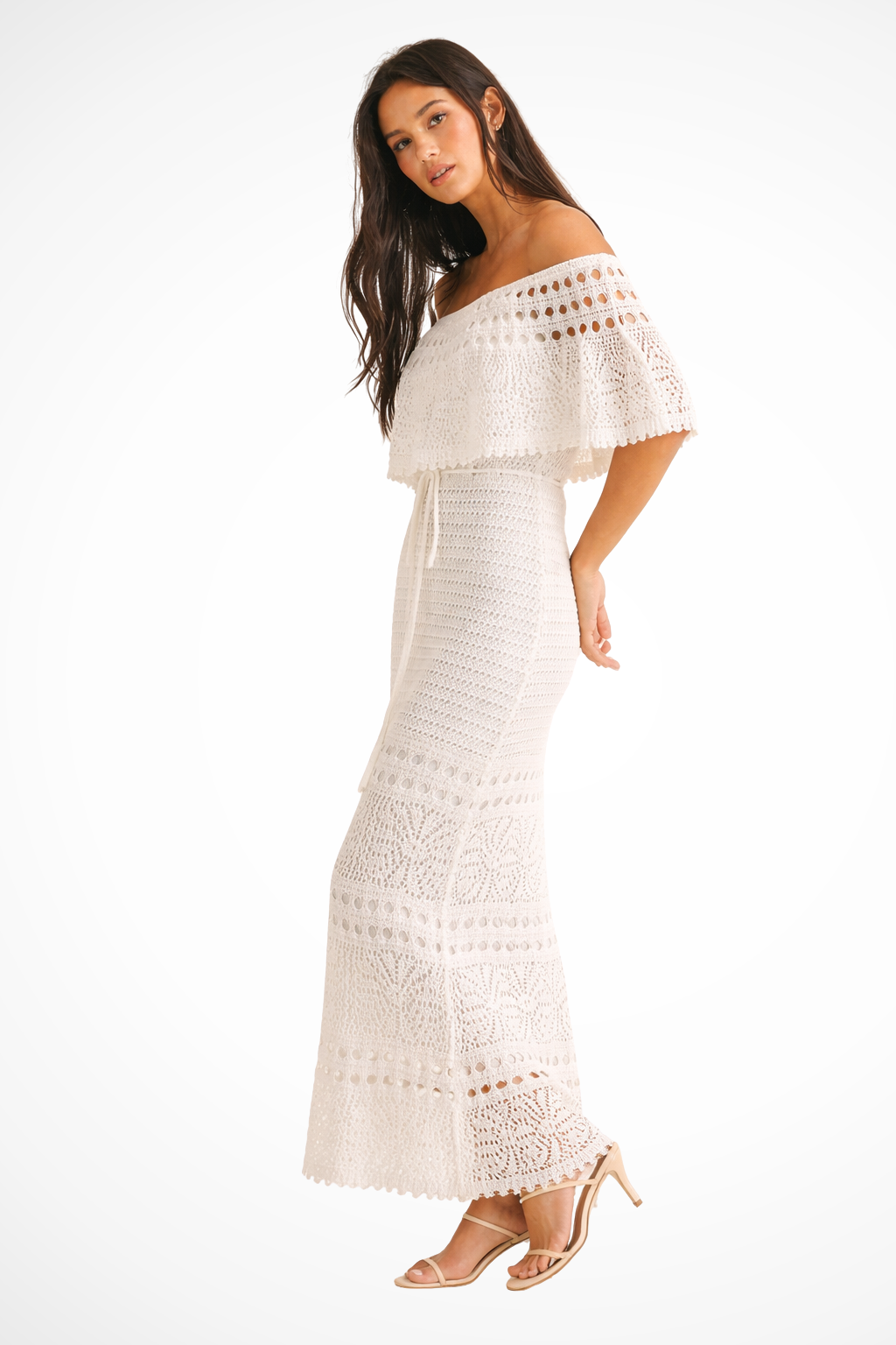 Women's Crochet Off Shoulder Tie Waist Maxi Dress