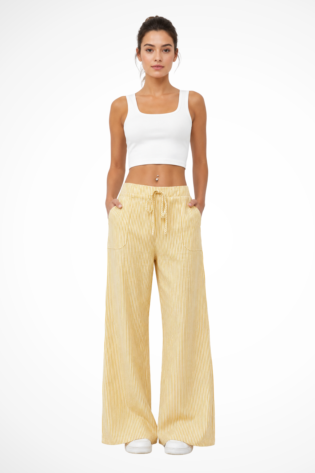 Women's Striped Wide Leg Trousers with Drawstring Waist