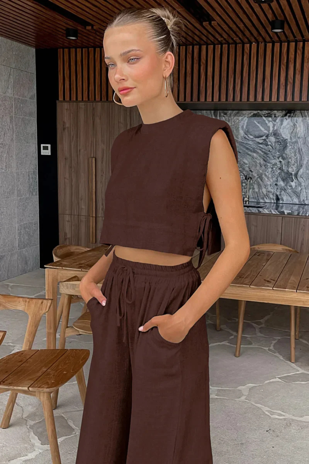 Women's Sleeveless Tie Side Crop Top and Wide Leg Trousers Linen Set