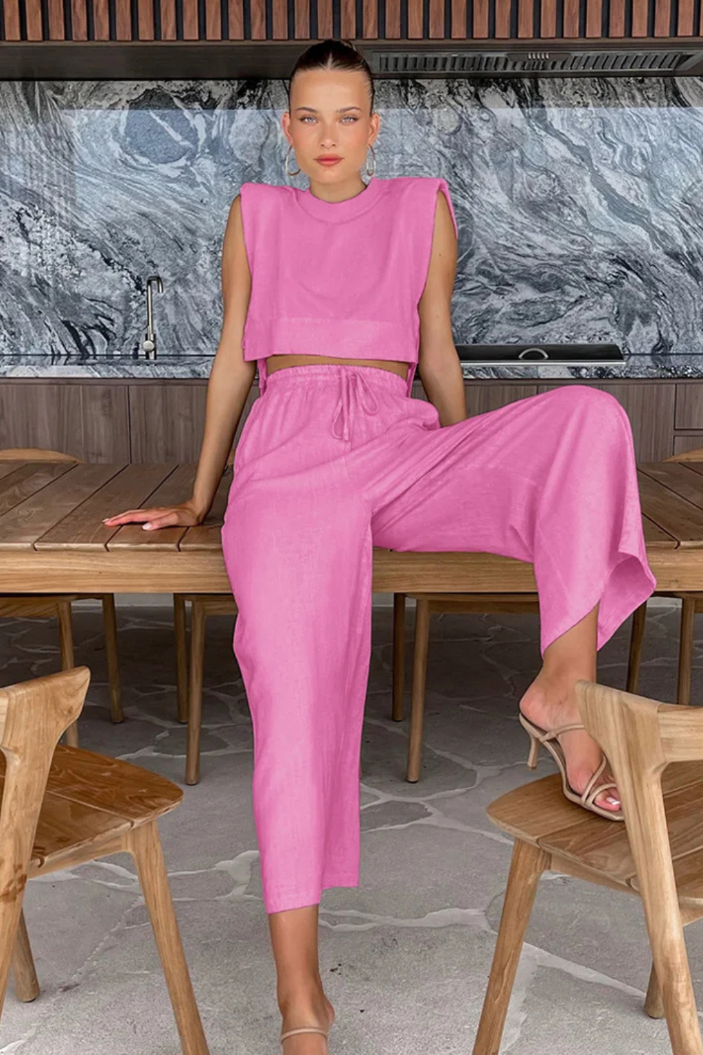 Women's Sleeveless Tie Side Crop Top and Wide Leg Trousers Linen Set