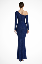 Women's Blue Sequin One Shoulder Long Sleeve Wedding Guest Maxi Dress