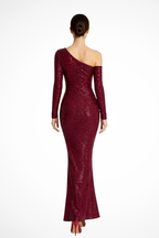 Women's Blue Sequin One Shoulder Long Sleeve Wedding Guest Maxi Dress