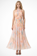 Women's Floral Chiffon Halter Neck Wedding Guest Maxi Dress