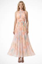 Women's Floral Chiffon Halter Neck Wedding Guest Maxi Dress
