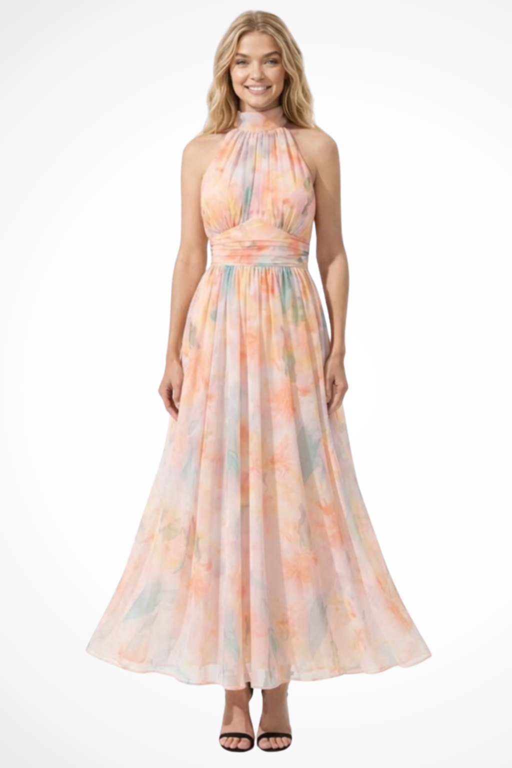 Women's Floral Chiffon Halter Neck Wedding Guest Maxi Dress