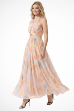 Women's Floral Chiffon Halter Neck Wedding Guest Maxi Dress