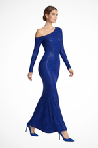 Women's Blue Sequin One Shoulder Long Sleeve Wedding Guest Maxi Dress