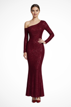 Women's Blue Sequin One Shoulder Long Sleeve Wedding Guest Maxi Dress
