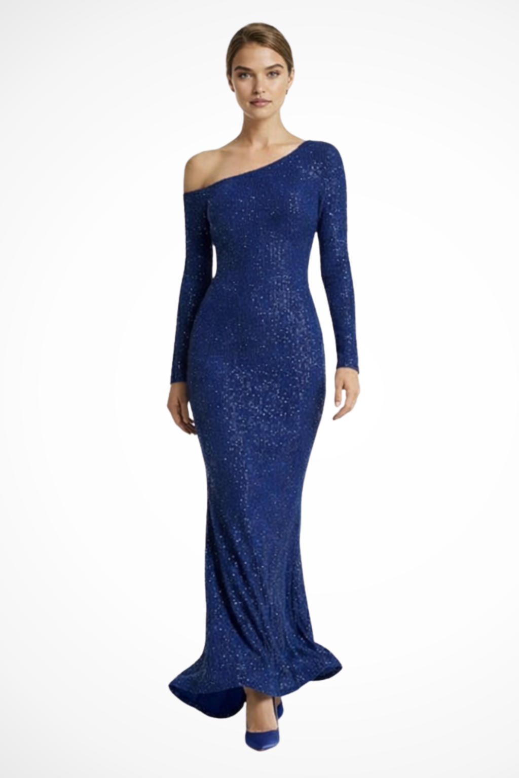 Women's Blue Sequin One Shoulder Long Sleeve Wedding Guest Maxi Dress
