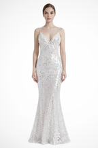 Women's Sequin V Neck Strappy Fitted Wedding Guest Maxi Dress