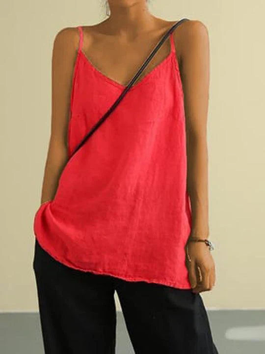 Women's Effortless Spaghetti Strap V-Neck Loose Linen Cami Top