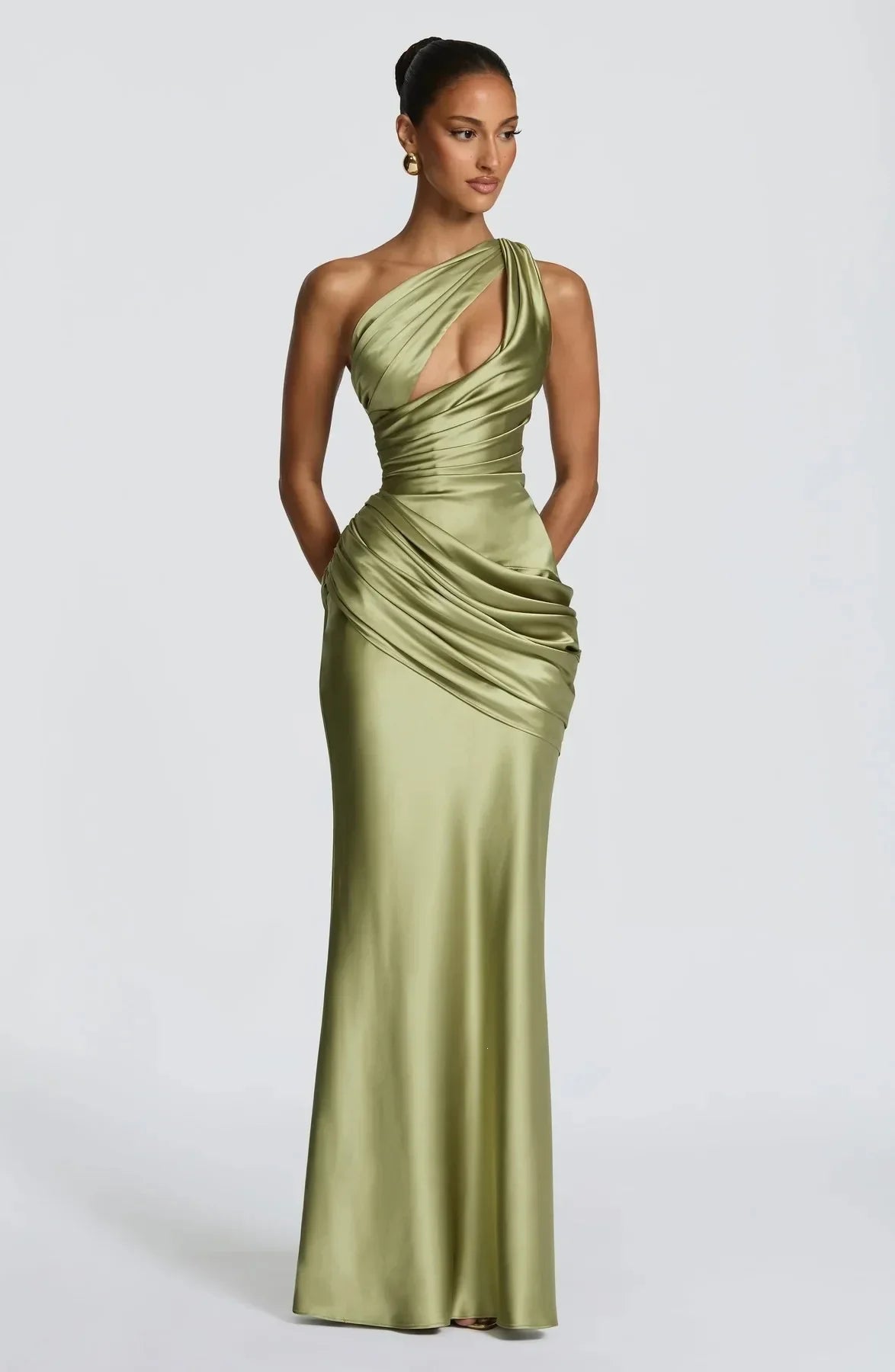 Women's Glamorous Satin One-Shoulder Ruched Mermaid Maxi Dress