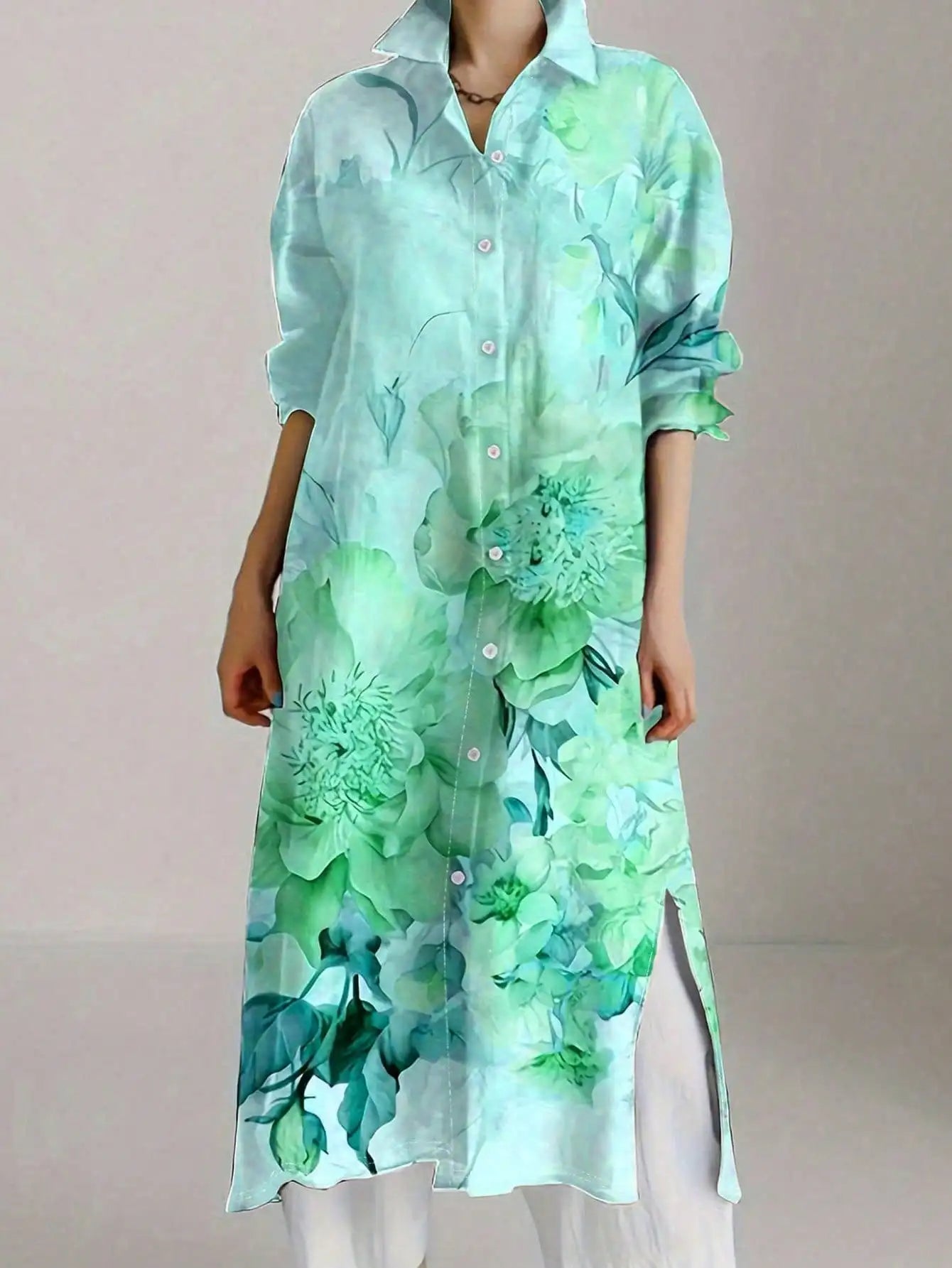 Women's Vintage-Chic Floral Print Long Sleeve Shirt Dress