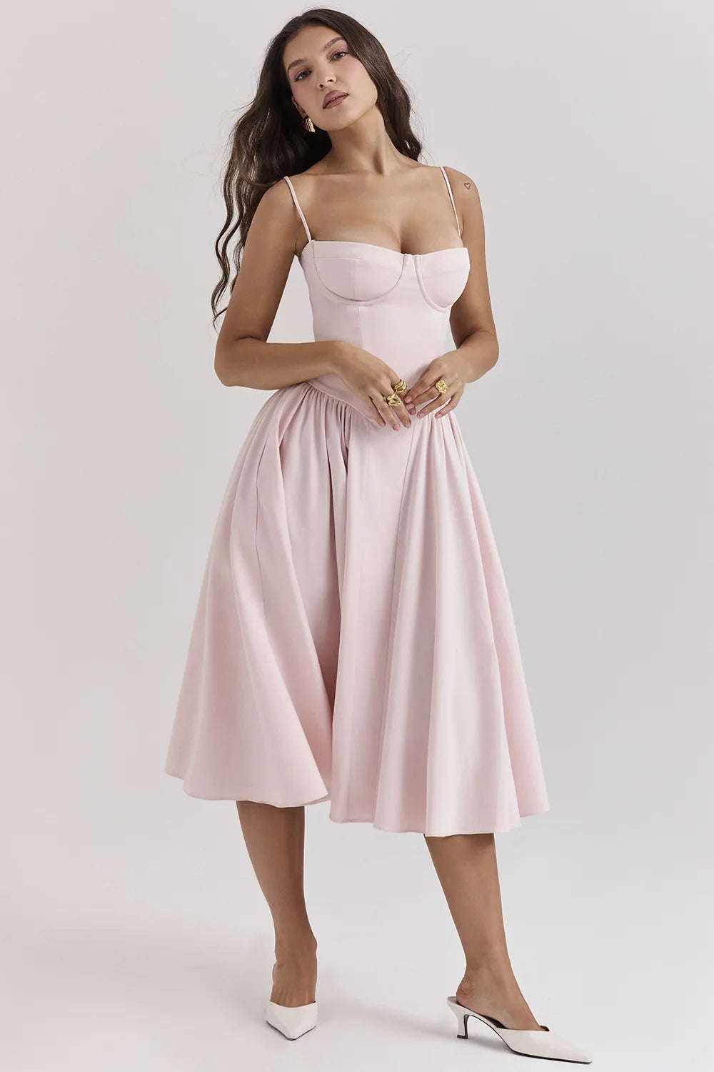 Women's Sleek Solid Sling Backless Pleated A-Line Midi Dress