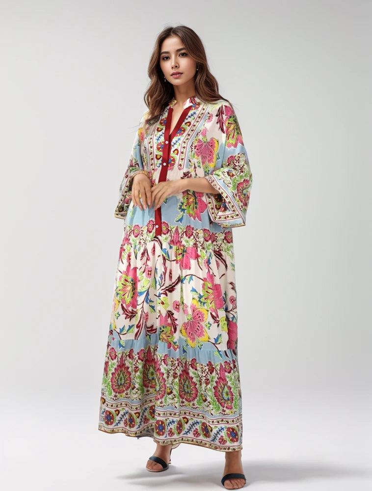 Women's Relaxed V-Neck Printed Casual Maxi Dress