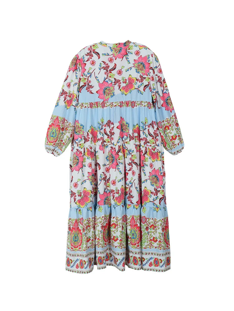 Women's Relaxed V-Neck Printed Casual Maxi Dress