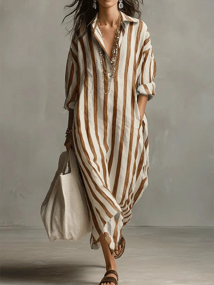 Women's Laid-Back Striped Oversized Linen Shirt Casual Maxi Dress