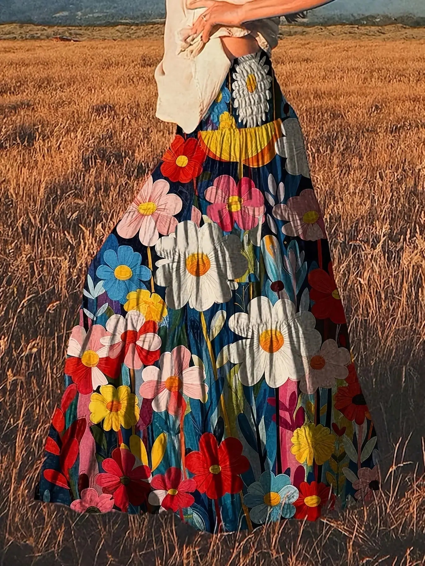 Women's Elegant Floral Print Cinched Waist Layered Midi Skirt