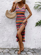 Women's Boho Geometric Striped Knit High-Split Cami Maxi Dress